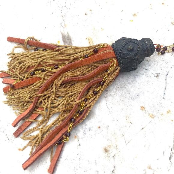 Tan & Orange leather Fan Pull or furniture Tassel Pull with ornate gray top VTG - Picture 1 of 13